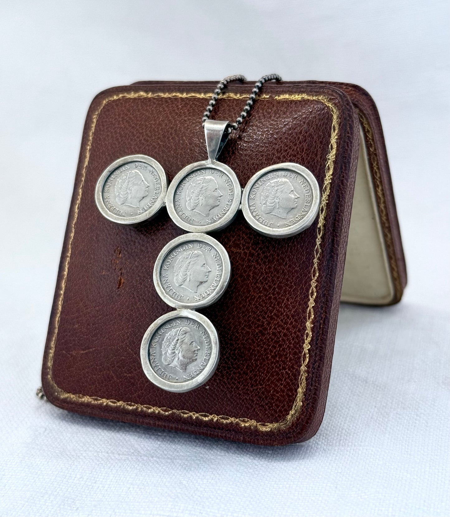 .1954 to .1980 .10 cents coin cross silver pendant on long lovely chain necklace