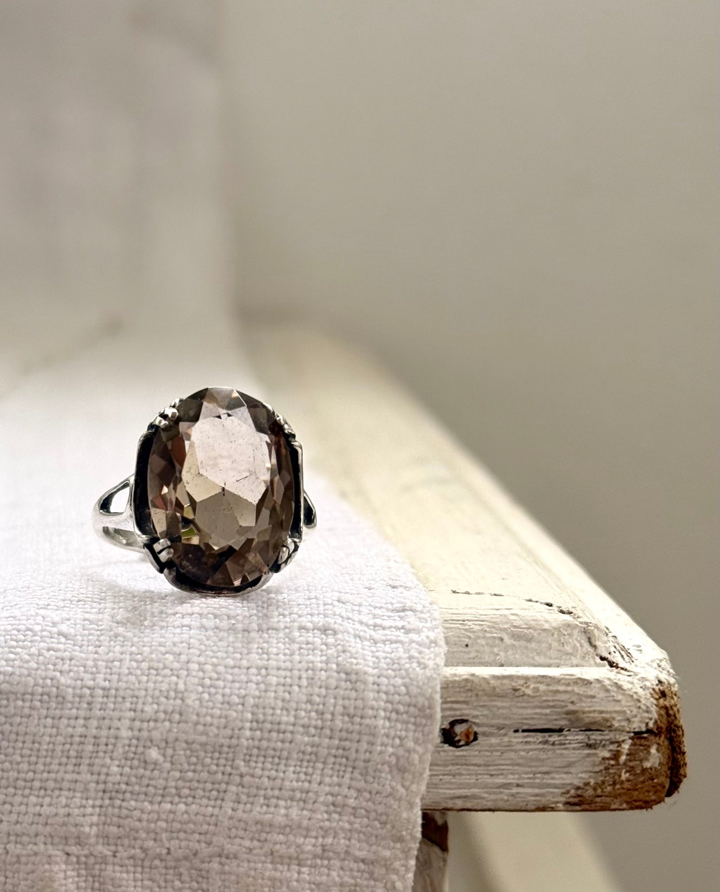 .1960s .925 magnificent large Smoky Quartz gemstone Mid Century Modern grey brown moody faceted gemstone retro Modernist sterling silver cocktail ring