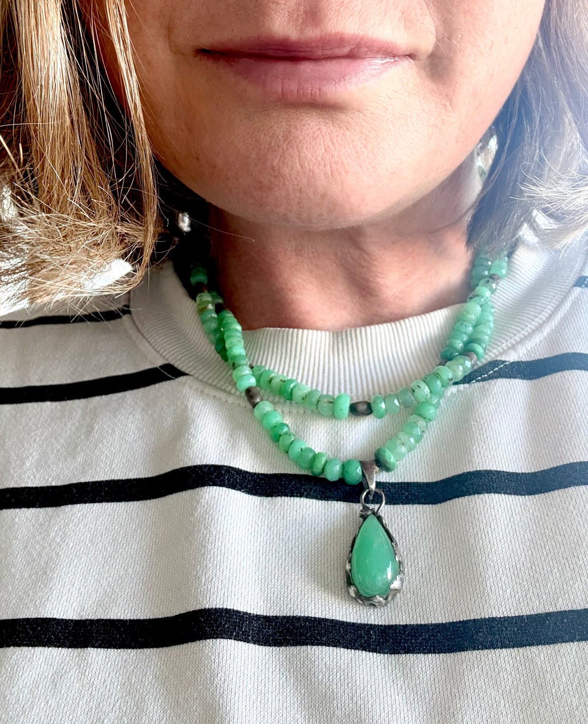 .925 boho Chrysoprase green hand faceted double gemstone necklace