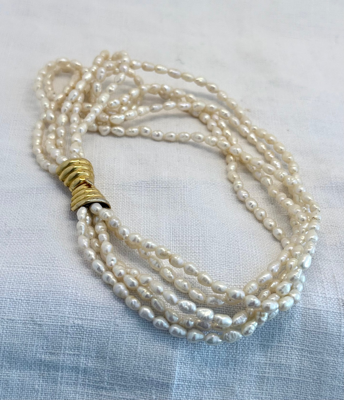 .1980s .5 Strand multi strand Freshwater creamy lustrous Modernist luxury Rice Pearl Necklace