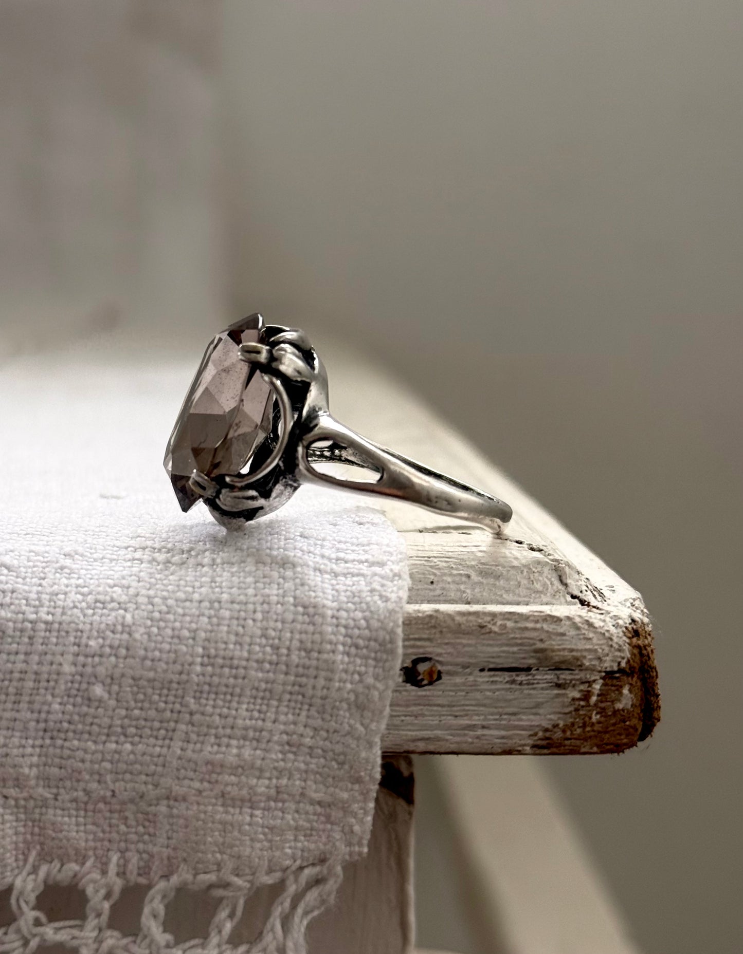 .1960s .925 magnificent large Smoky Quartz gemstone Mid Century Modern grey brown moody faceted gemstone retro Modernist sterling silver cocktail ring