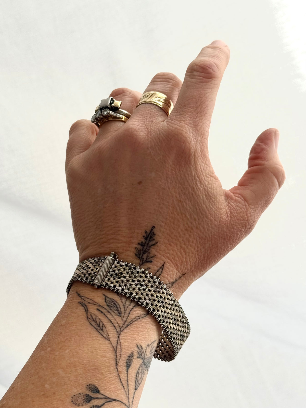.1890s .1900s .925 antique Victorian fancy form gold fill and silver track mesh bracelet