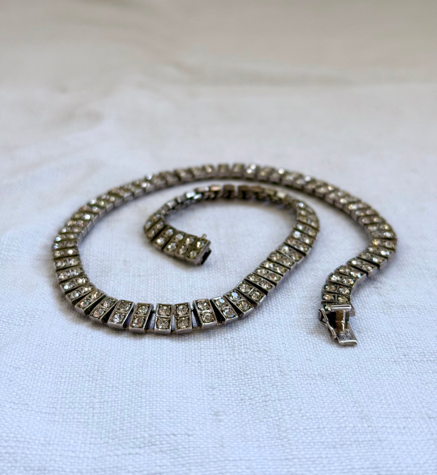 .1930s .1940s .925 Art Deco style double paste stone tennis style sterling silver choker necklace