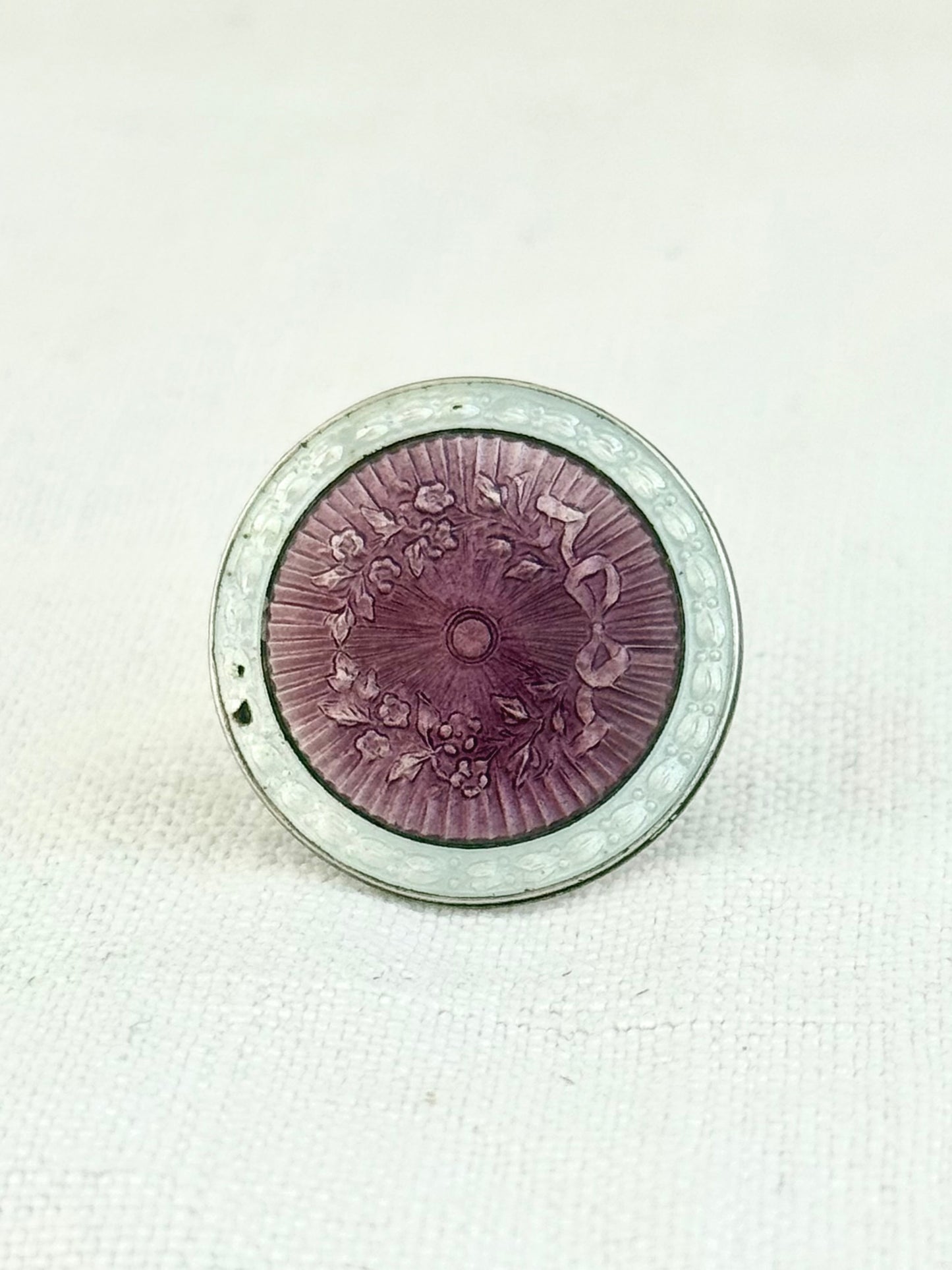 .1928 .925 Art Deco Birmingham silver lilac purple and white guilloche enamel button brooch lapel pin