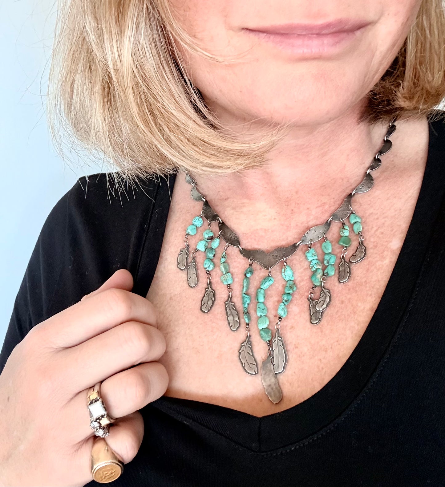 .925 artisan vintage Navajo silver feather traditional collectable collectors cascade necklace