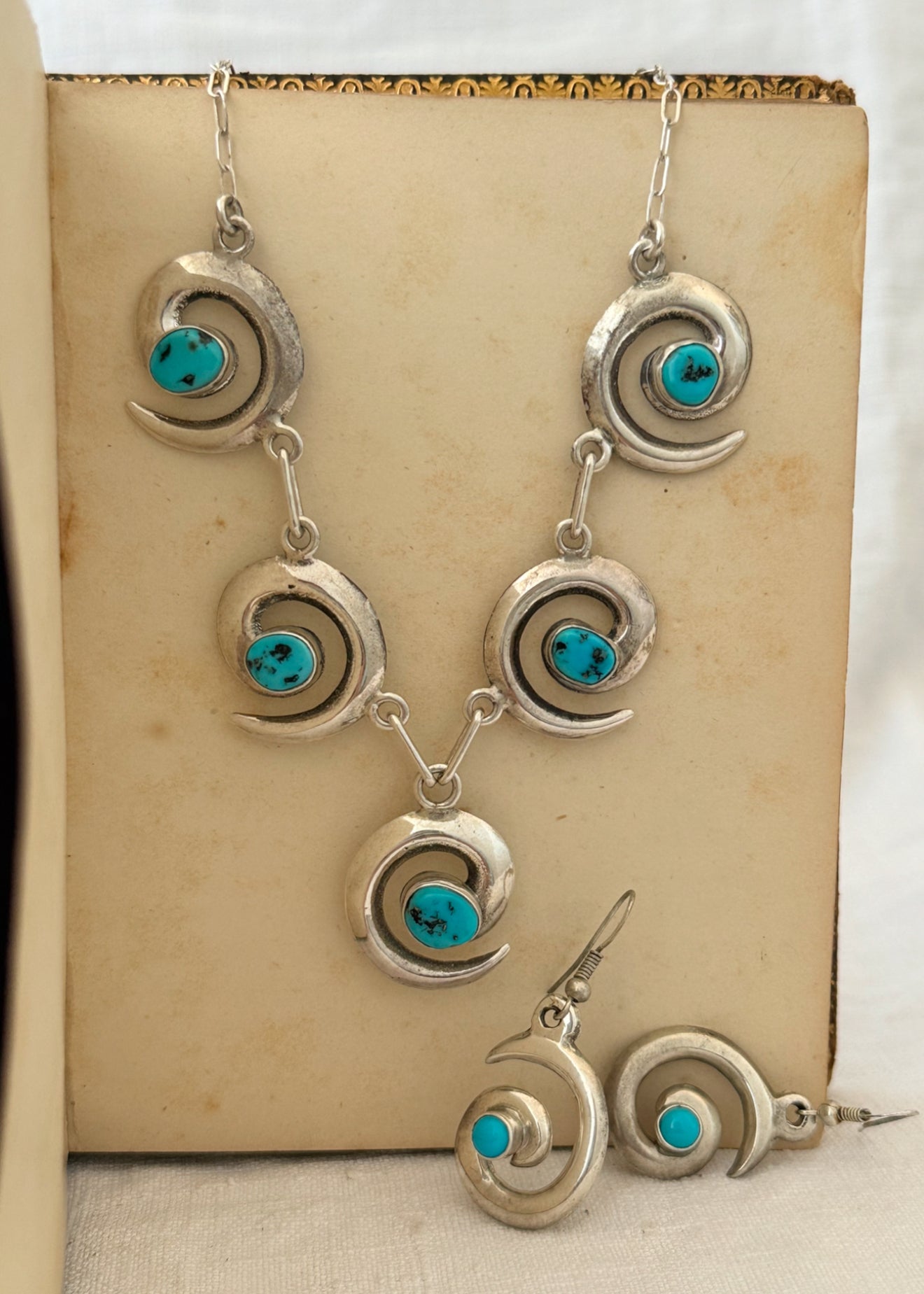 .1970s .925 artisan made Navajo silversmith turquoise silver swirl pattern necklace and designer Mildred Parkhurst earring set
