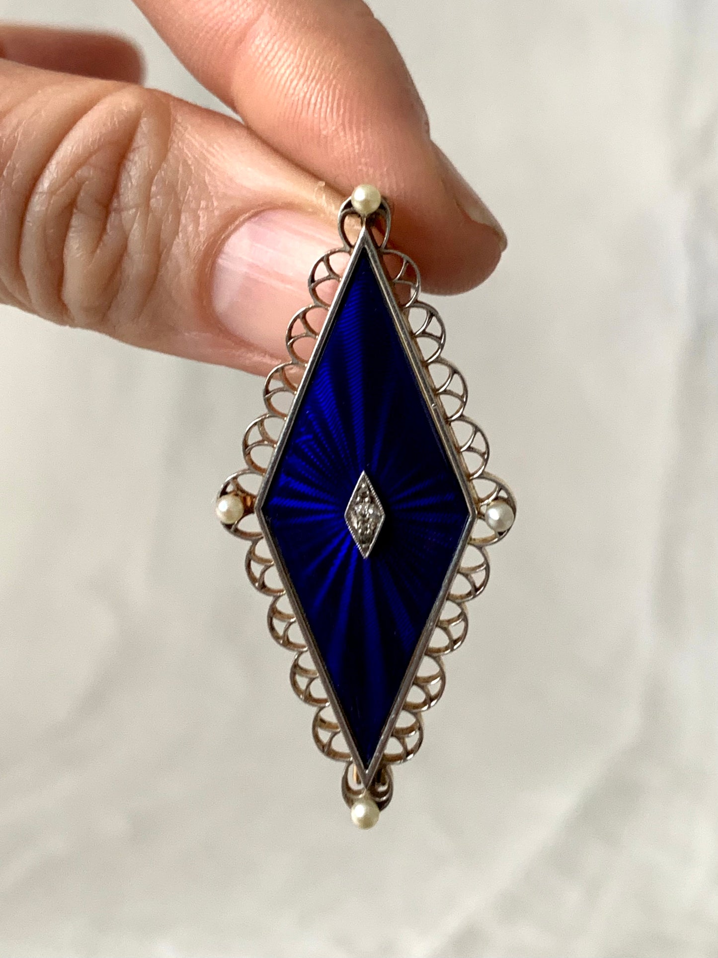 .585 14ct 1900s antique 3 diamond 4 pearl celestial star Art Nouveau Edwardian royal blue guilloché enamel, diamonds, pearl collectors item rare treasured brooch