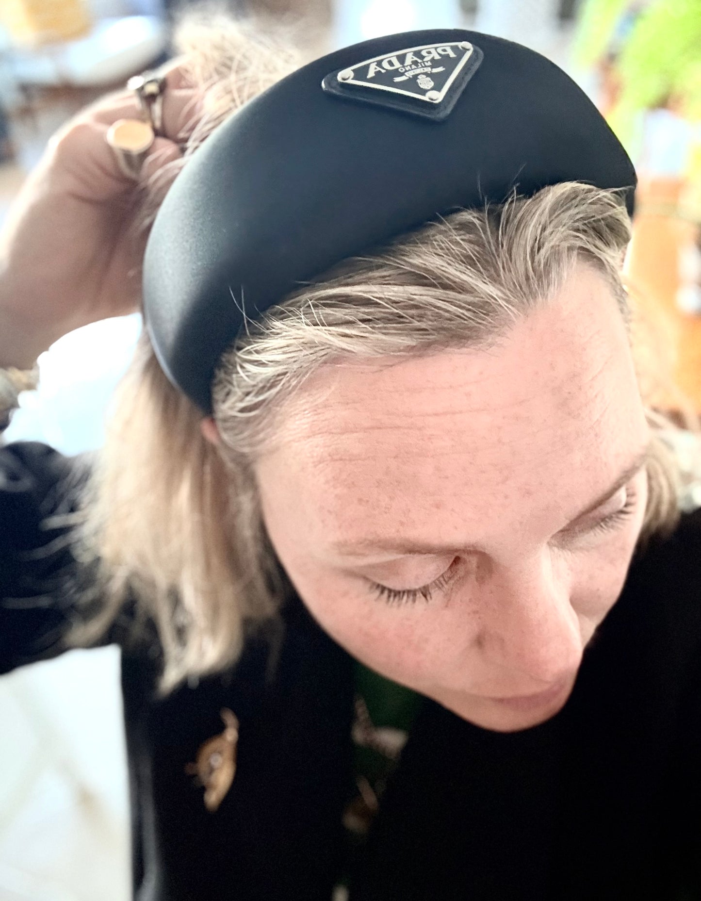 .1990s .2000s designer PRADA black hair accessory Triangle logo RE-NYLON oversized puffy headband