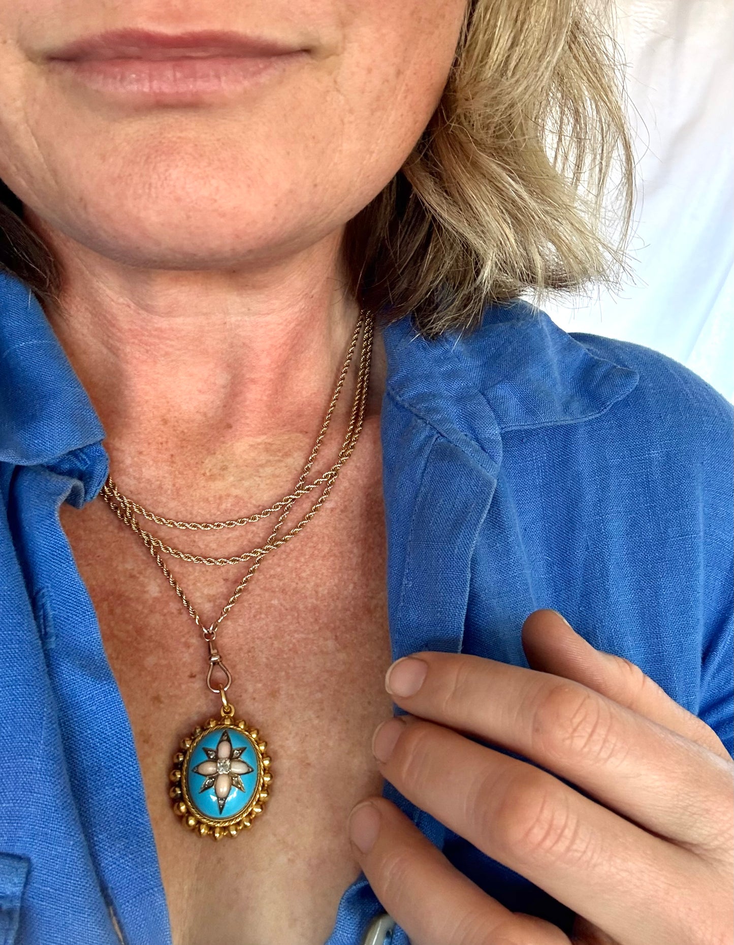 .15ct .1850s .1860s antique Victorian Yellow Gold Cushion cut Diamond Rose Cut Diamond star starburst Angel Coral and Blue Enamel Etruscan Revival Beaded border Mourning locket pendant