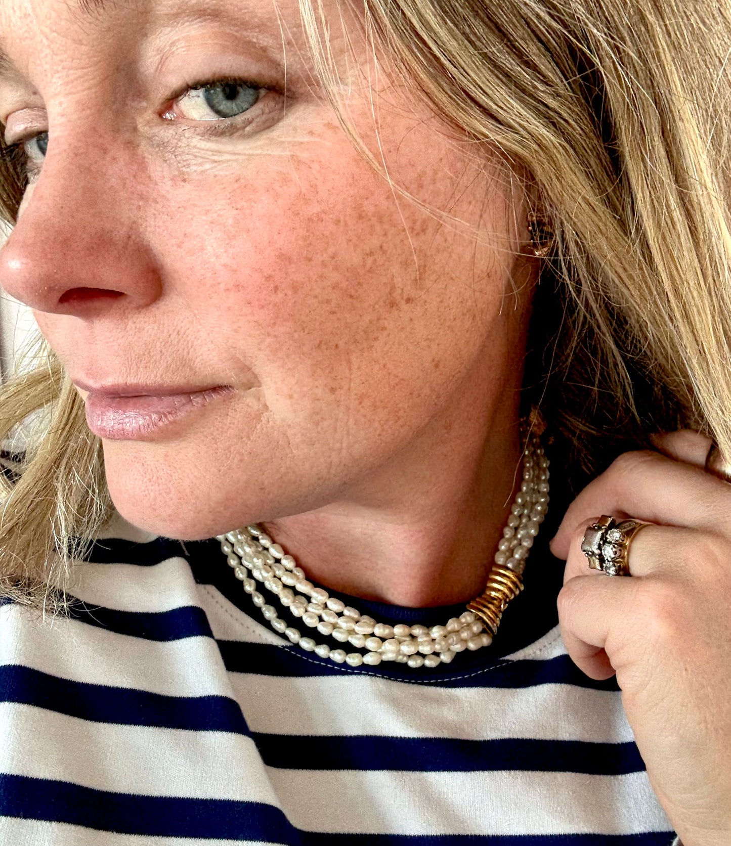 .1980s .5 Strand multi strand Freshwater creamy lustrous Modernist luxury Rice Pearl Necklace