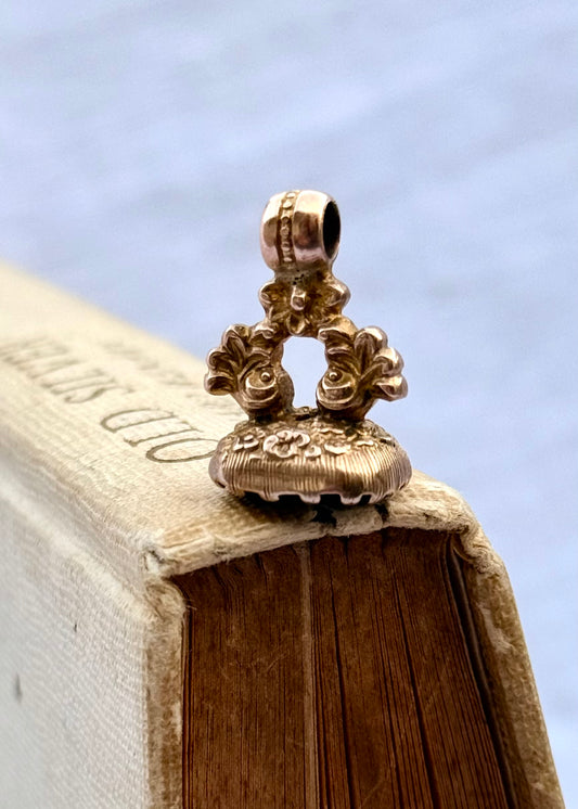 .1800s .1830s .375 .9ct antique Baroque revival Georgian hand carved solid rose gold “Sanah” engraved Onyx gemstone wax seal fob pendant