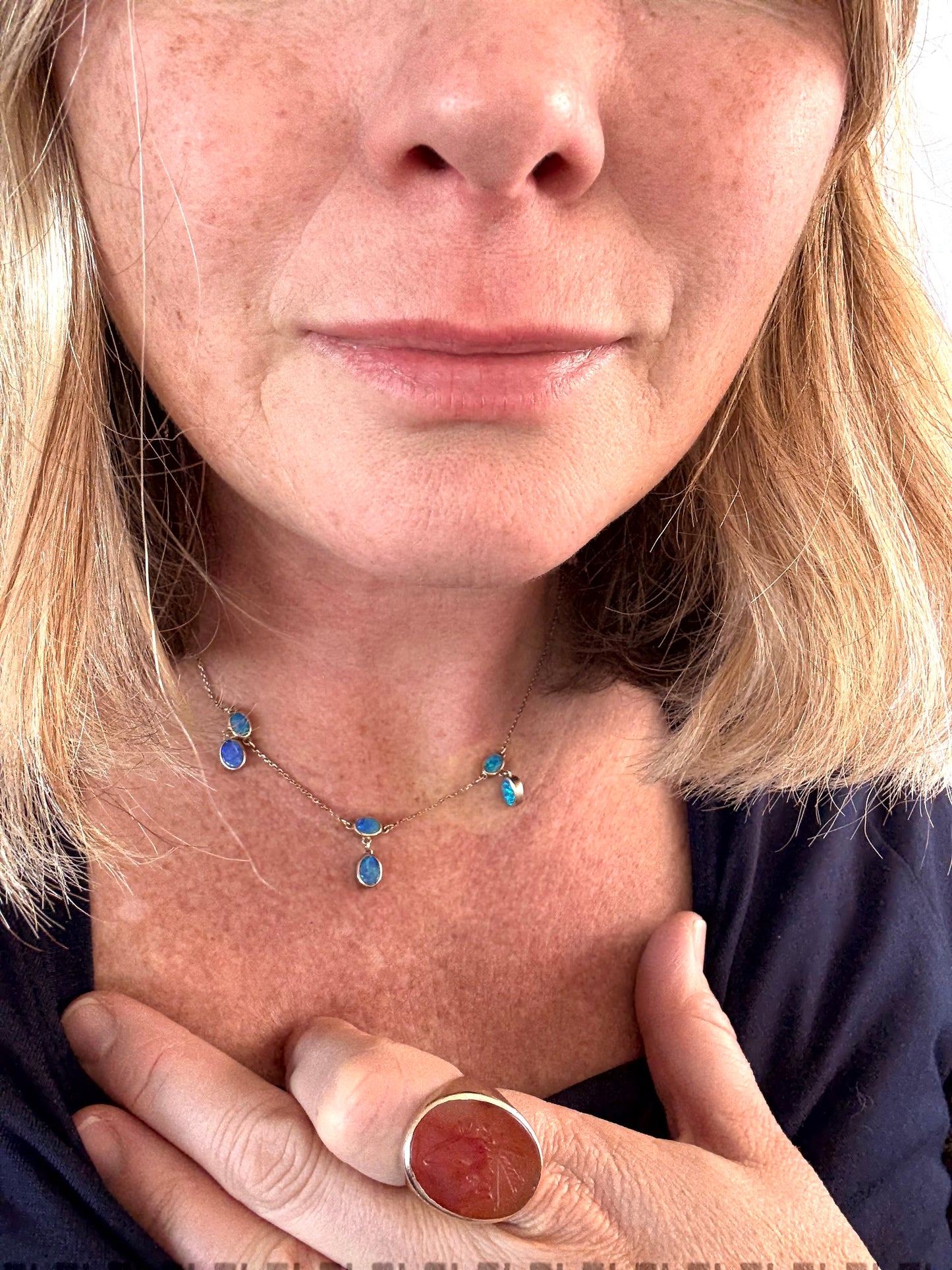 .1917 .375 .9ct Antique Art Nouveau 9ct rose gold Lariat Riviera Natural black Australian boulder Opal elegant drop dangle necklace