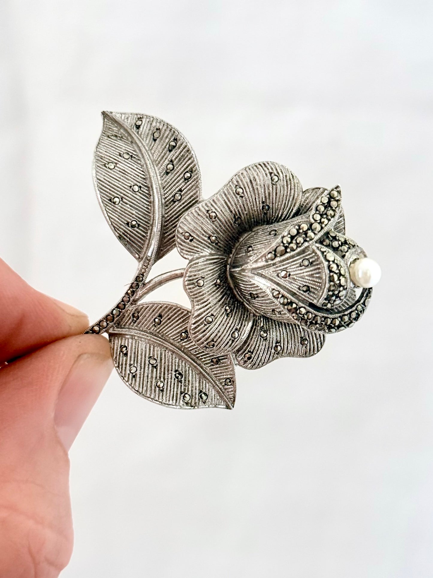 .1940s .1950s .925 silver Theodor Fahrner Mid Century Modern rose flower Art Deco revival renowned German floral romantic sterling silver, pearl and marcasite designer brooch pin