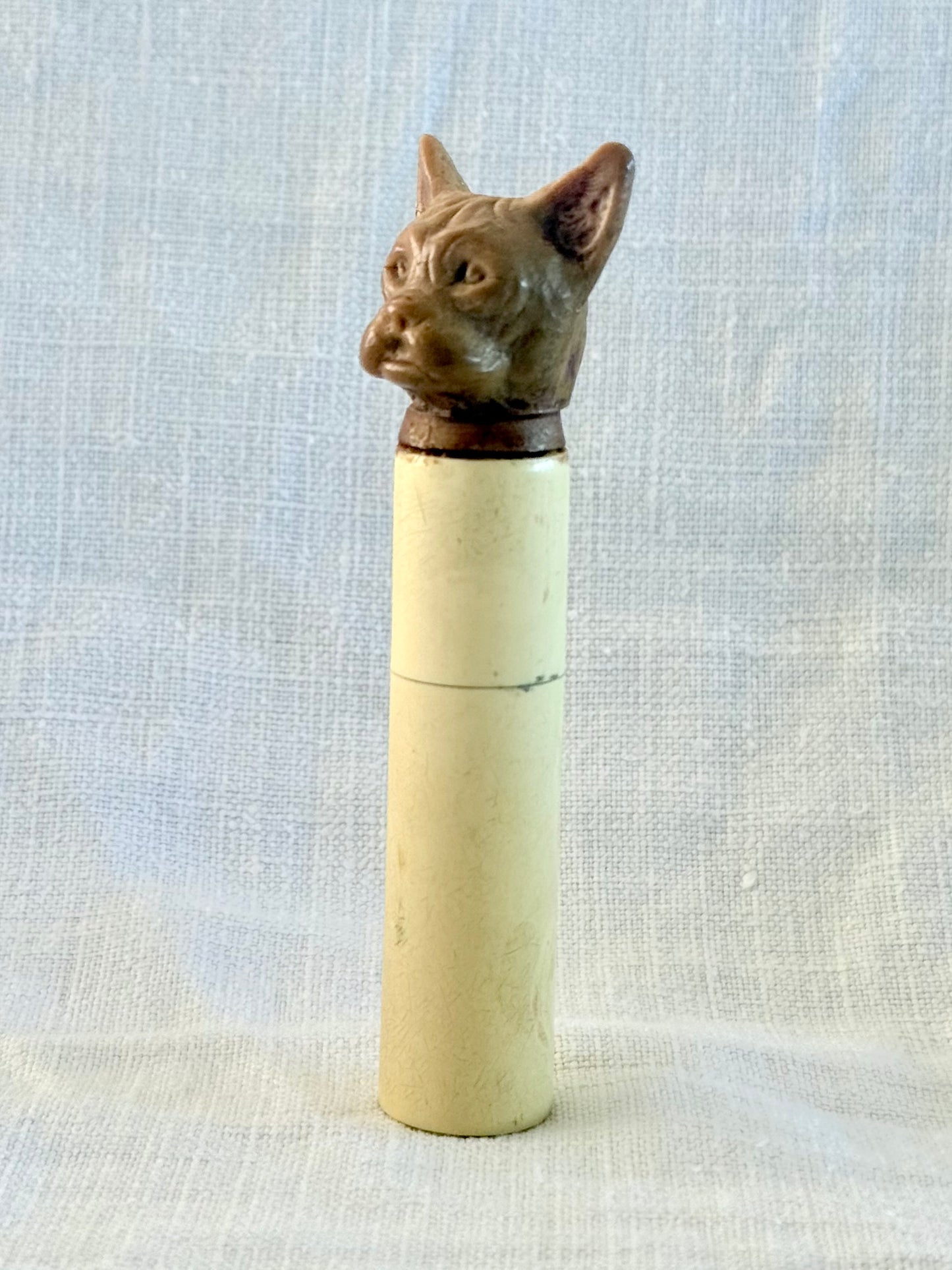 .1920s .1930s Art Deco rare hand carved French Bull Dog bakelite novelty perfume holder figural dog figurine case