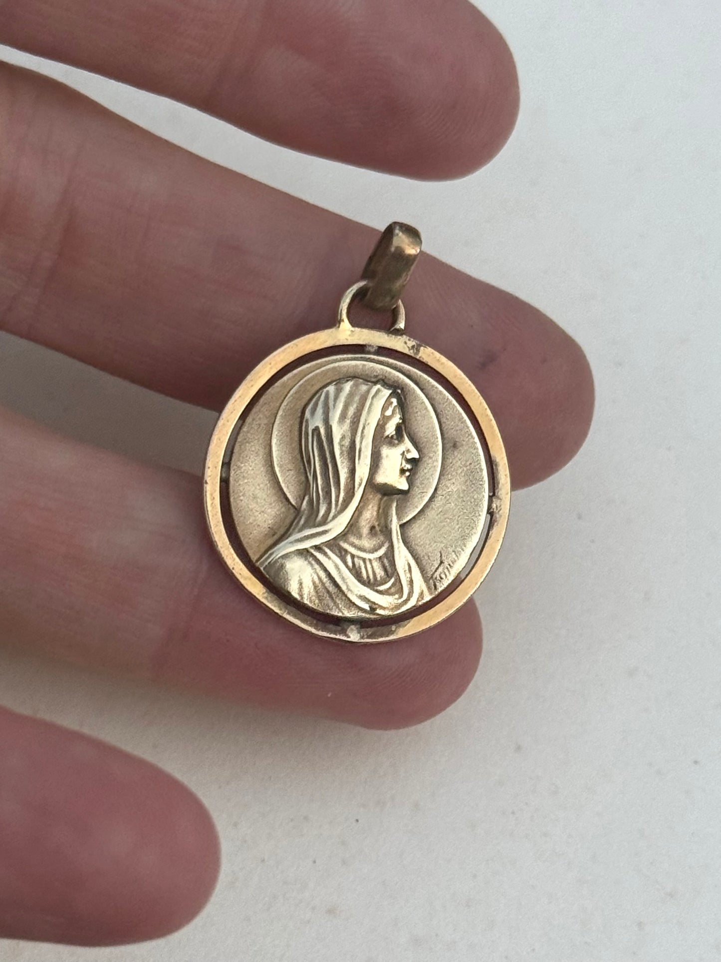 1900s .1930s Gold Fill Religious Holy Virgin Mother Maria French Lourdes Roman Catholic signed medallion token pendant