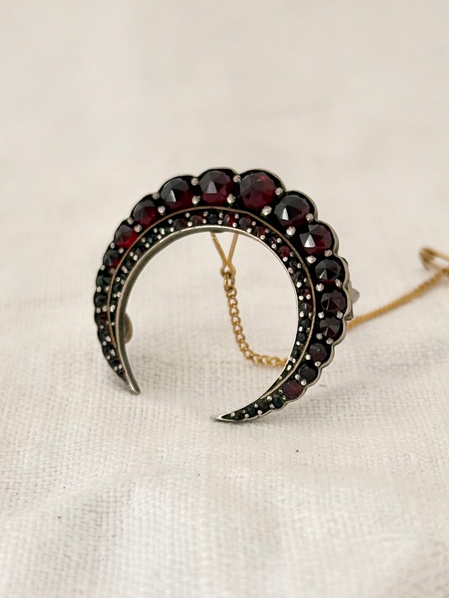 .1880s .1890s antique fine Bohemian Garnet gemstone set crescent celestial moon collectors silver gold brooch