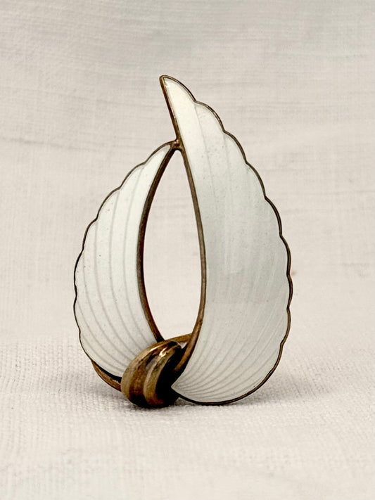 .1940s .925 Albert Scharning Norway silver and ice white guilloche enamel Viking leaf Scandinavian mid century modern designer brooch pin