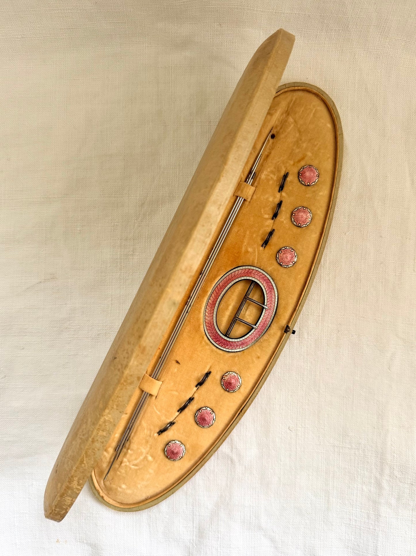 .1912 .925 antique rare collectors pink white enamel Birmingham hallmarked sterling silver Edwardian cased buckle and button and hat pin original boxed set