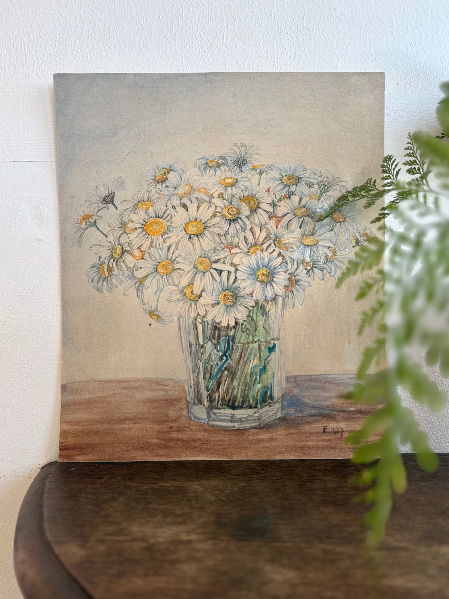 .1937 artist signed watercolour still life Daisies artwork art