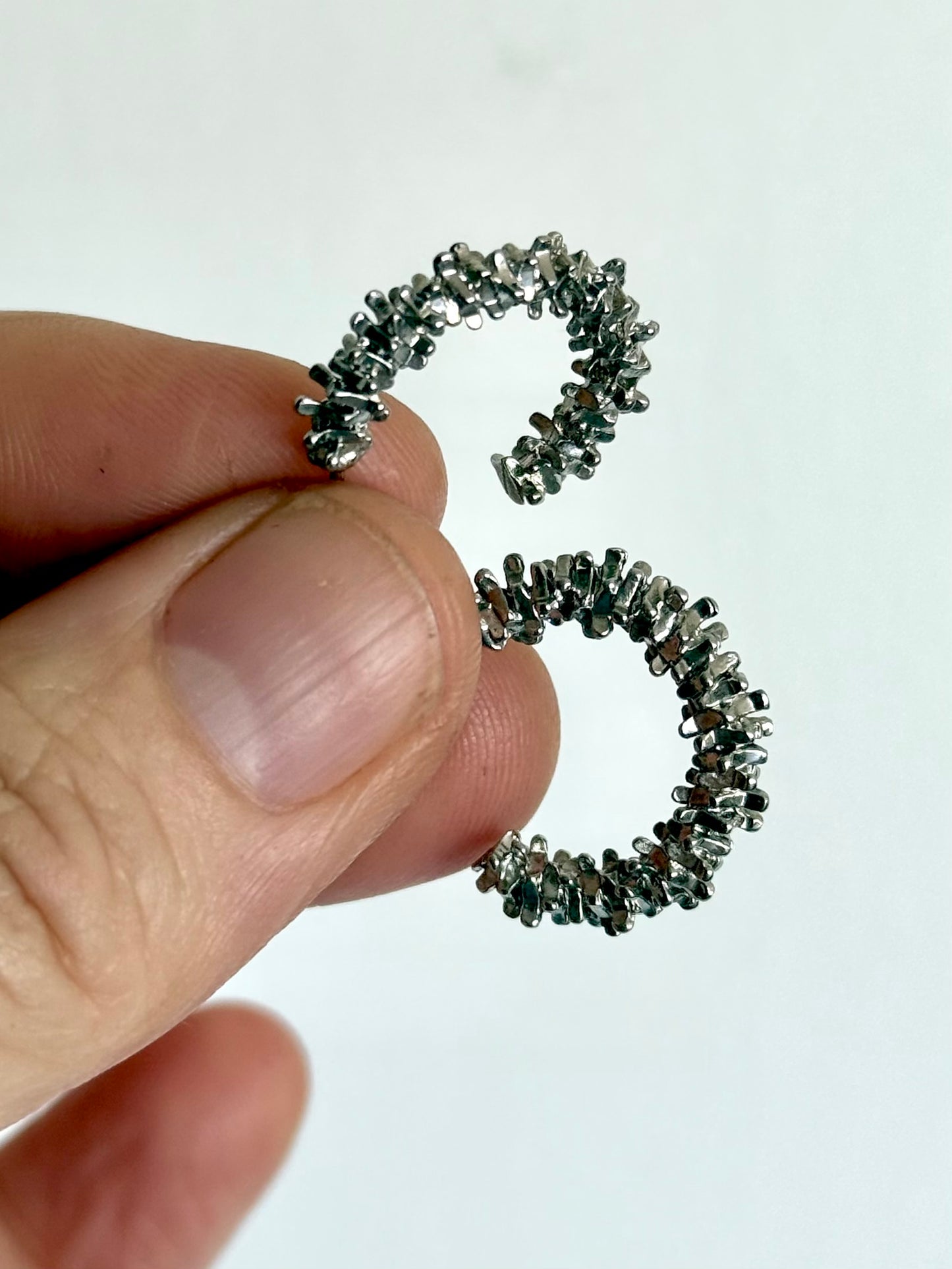 .925 Brutalist style tinsel textured sterling silver hoop push in stud earrings