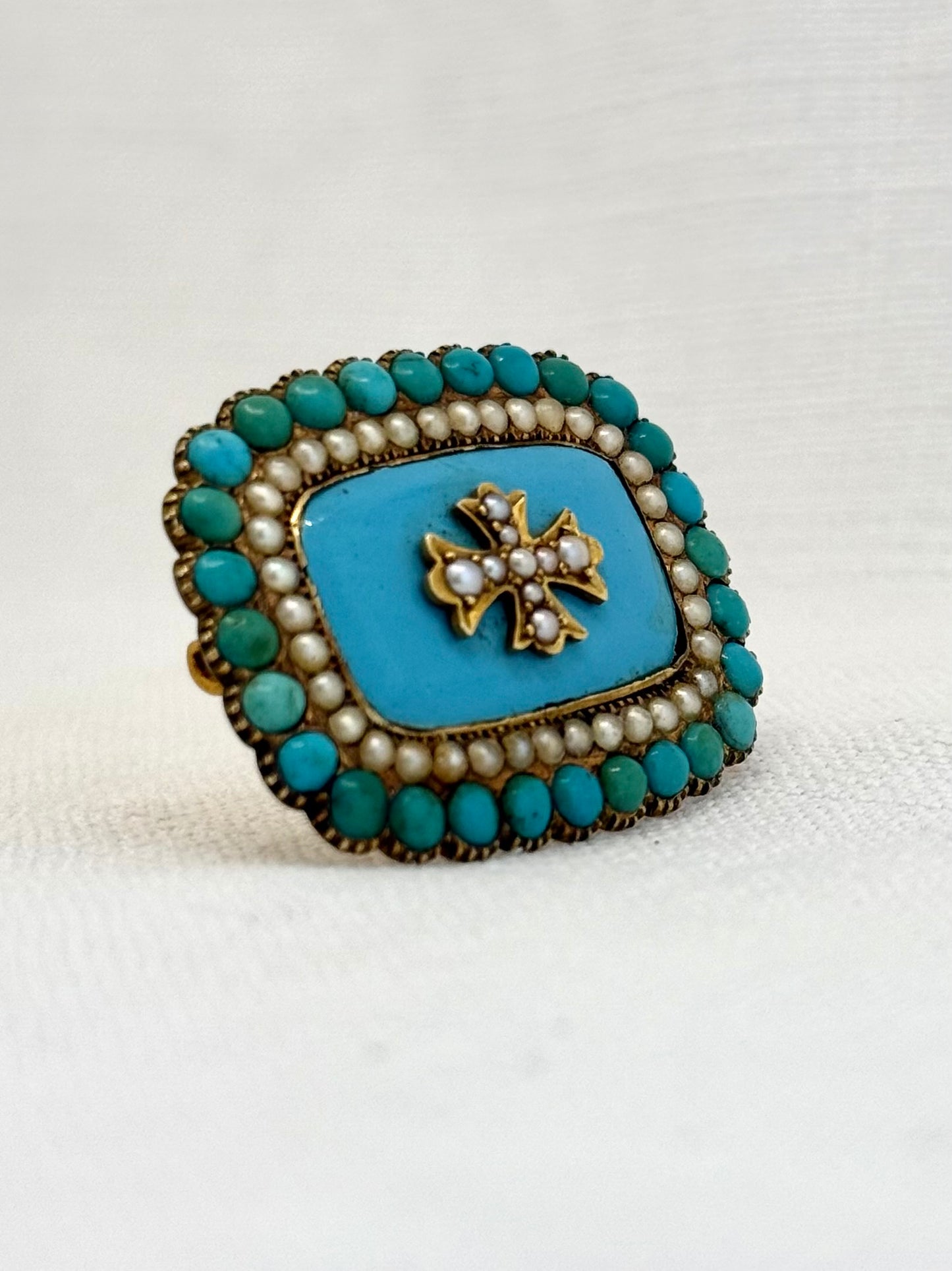 .15ct .1800s antique late Georgian early Victorian rare and magnificent Turquoise Pearl enamel high carat gold Maltese cross brooch pin