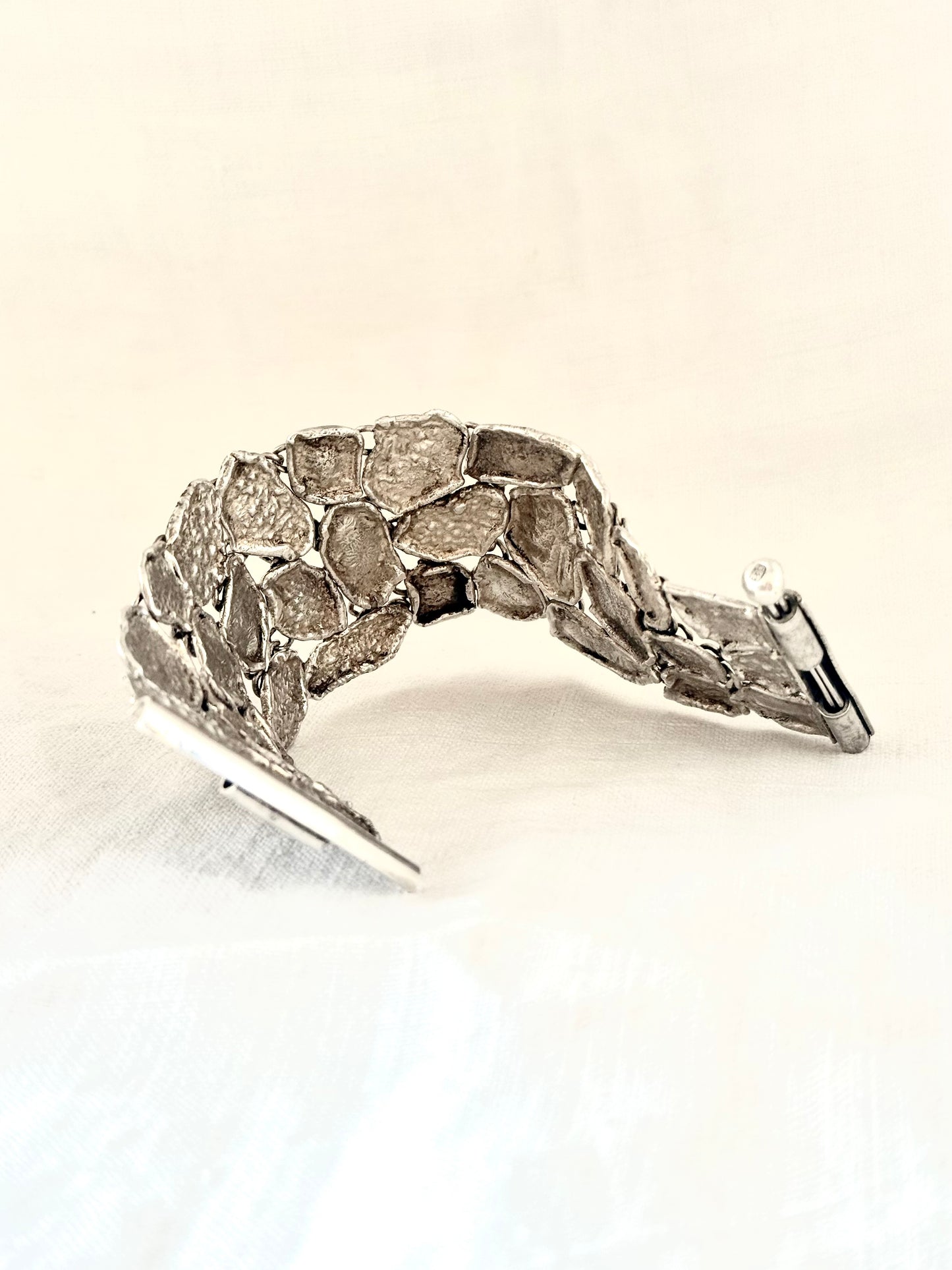 .1950s .925 Brutalist Modernist chunky silver hand made free form wide solid silver accent panel bracelet
