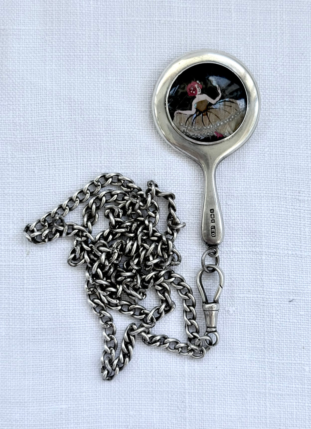 .1925 .925 antique Art Deco sterling silver mini chatelaine mirror hand painted butterfly wing miniature art micro chatelaine silver mirror pendant