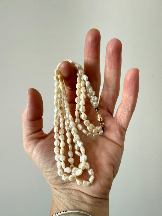 .375 3 strand freshwater rice pearl multi strand vintage 1930s style pearl necklace with precious 9k gold slider clasp