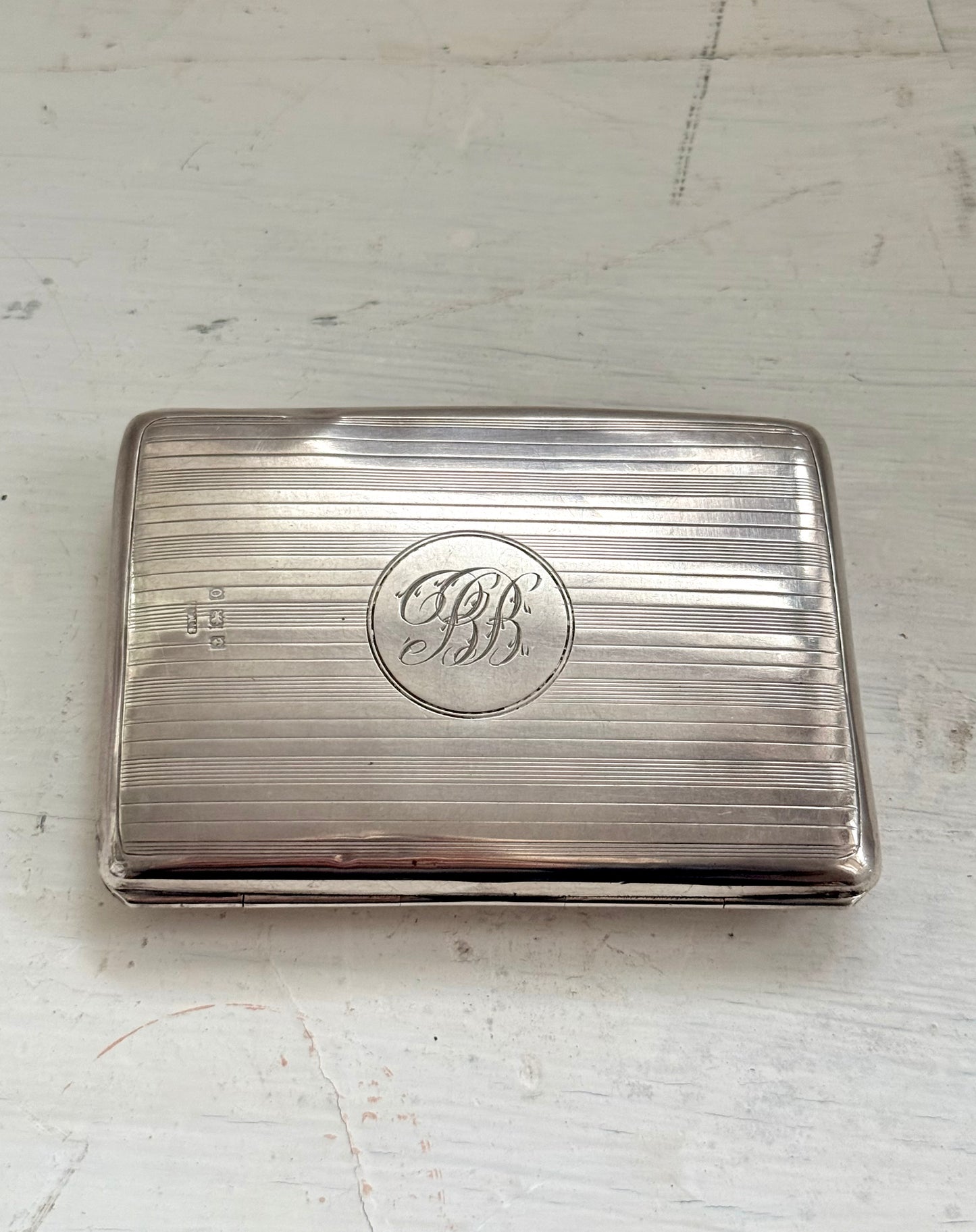 .1938 .925 Art Deco Birmingham hallmarked solid sterling silver pin stripe engine turned engraved heritage card case cigarette case