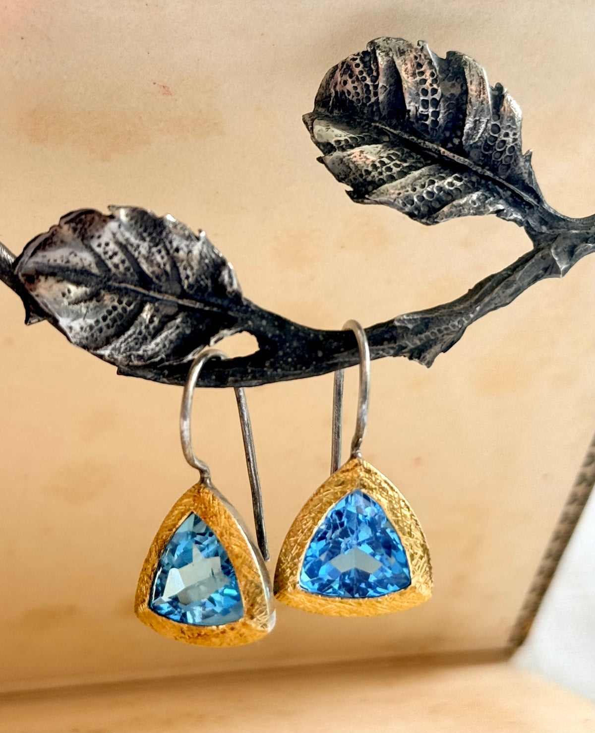 .24k yellow gold 925 silver ANPA artisan made Swiss Blue Topaz Trillion gold silver studio made drop dangle earrings