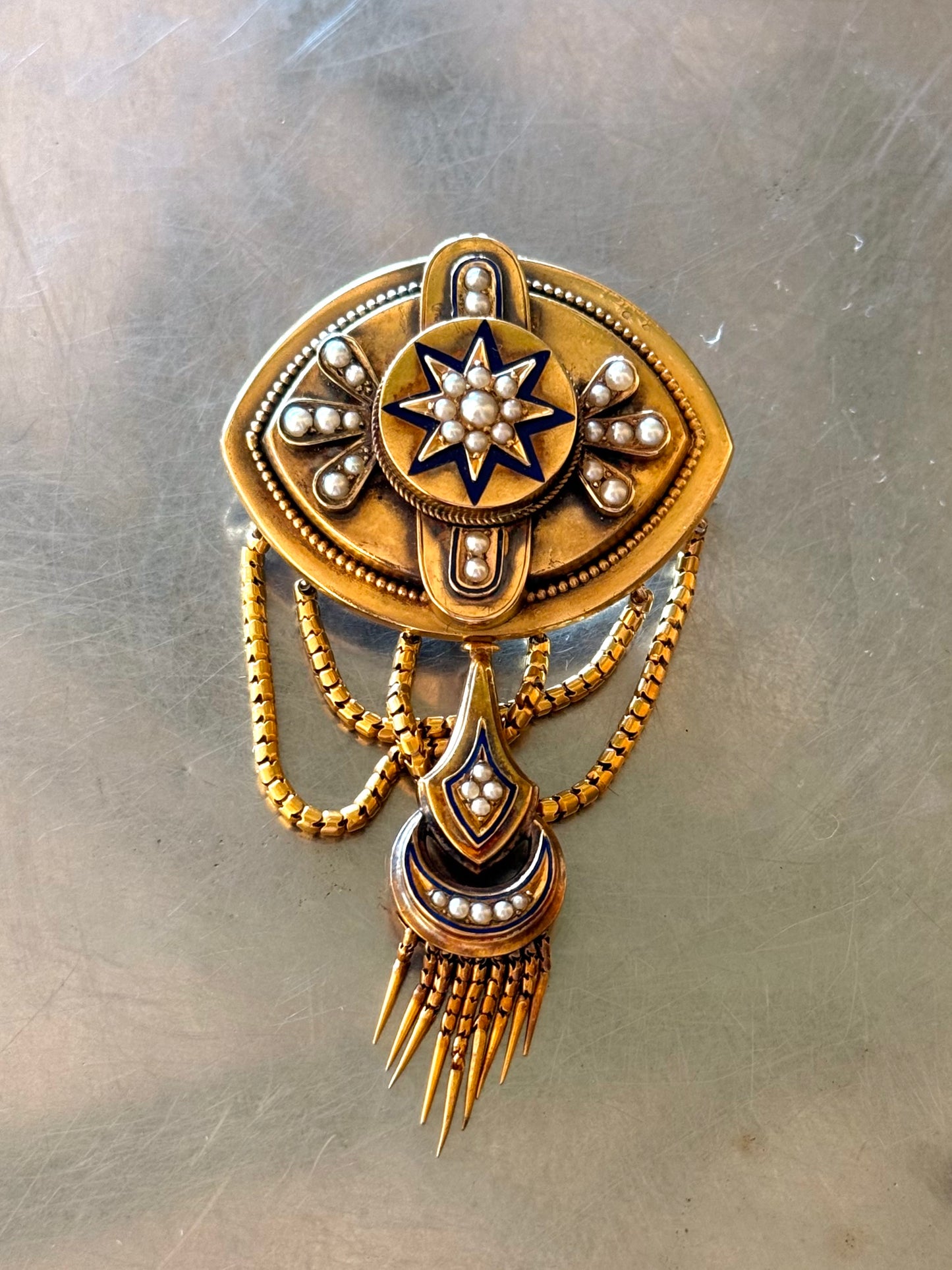 .1800s antique Etruscan revival high carat gold pearl royal blue enamel high carat gold tassel memorial Victorian rare heirloom navette shaped gold brooch