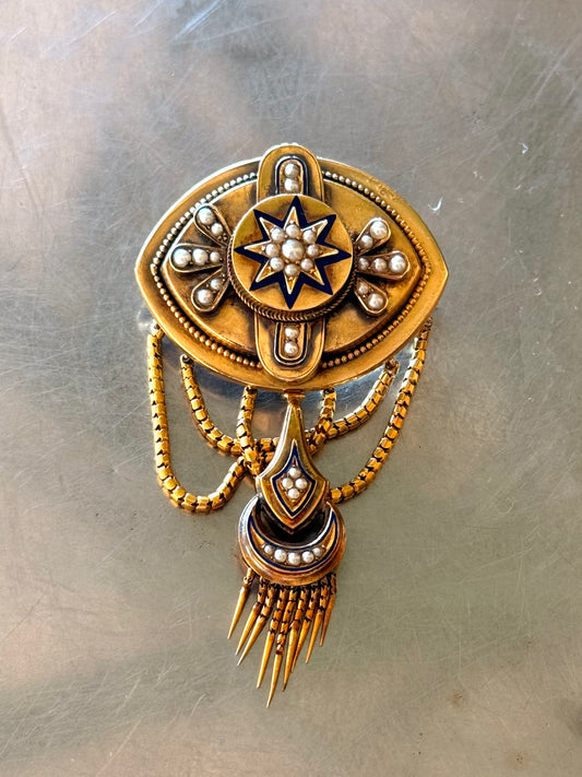 .1800s antique Etruscan revival high carat gold pearl royal blue enamel high carat gold tassel memorial Victorian rare heirloom navette shaped gold brooch