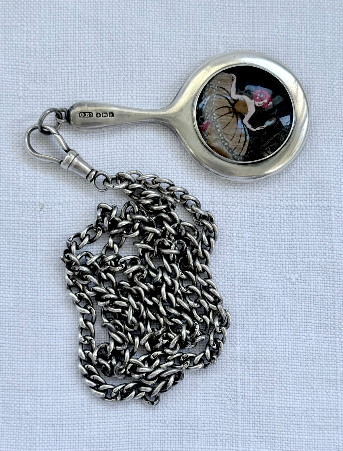 .1925 .925 antique Art Deco sterling silver mini chatelaine mirror hand painted butterfly wing miniature art micro chatelaine silver mirror pendant