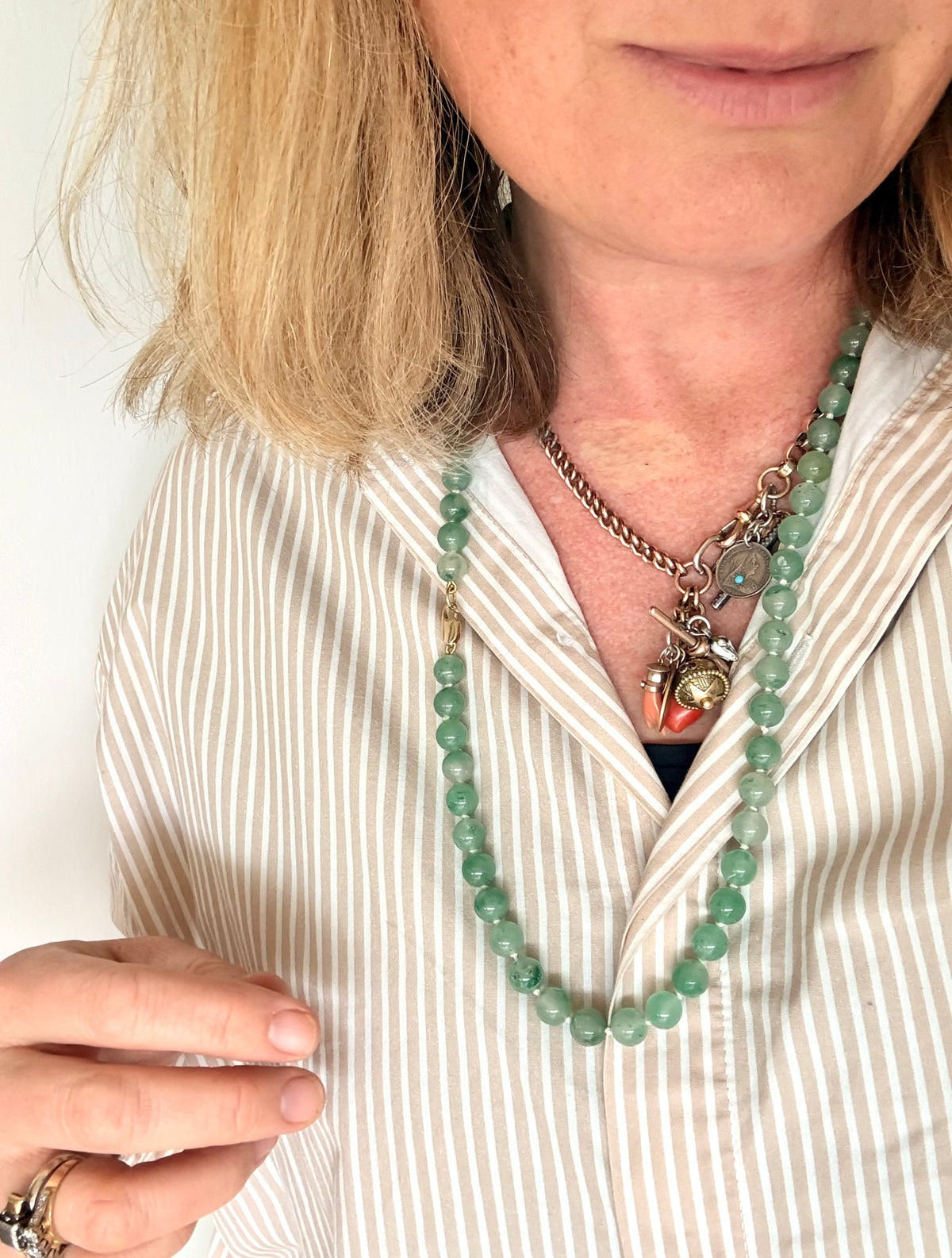 .375 .9ct gold and natural Aventurine “old Jade” long luxurious gemstone bead necklace