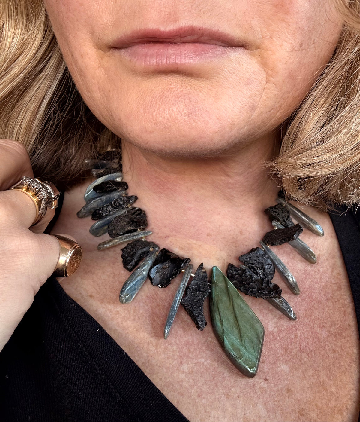 .925 artisan silver Blue kyanite crystals Labradorite abstract bib geological gemstone statement necklace