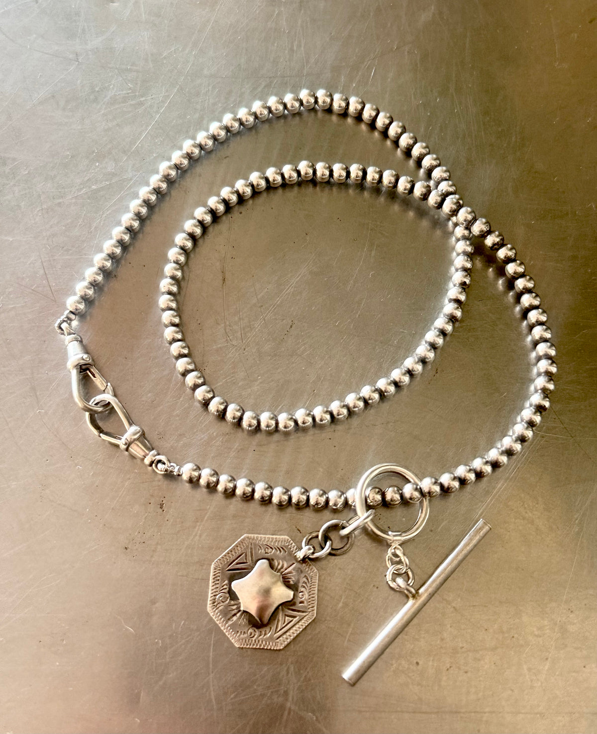 .925 antique revival modernist sterling silver bead chain fob chain t-bar medallion toggle chain necklace