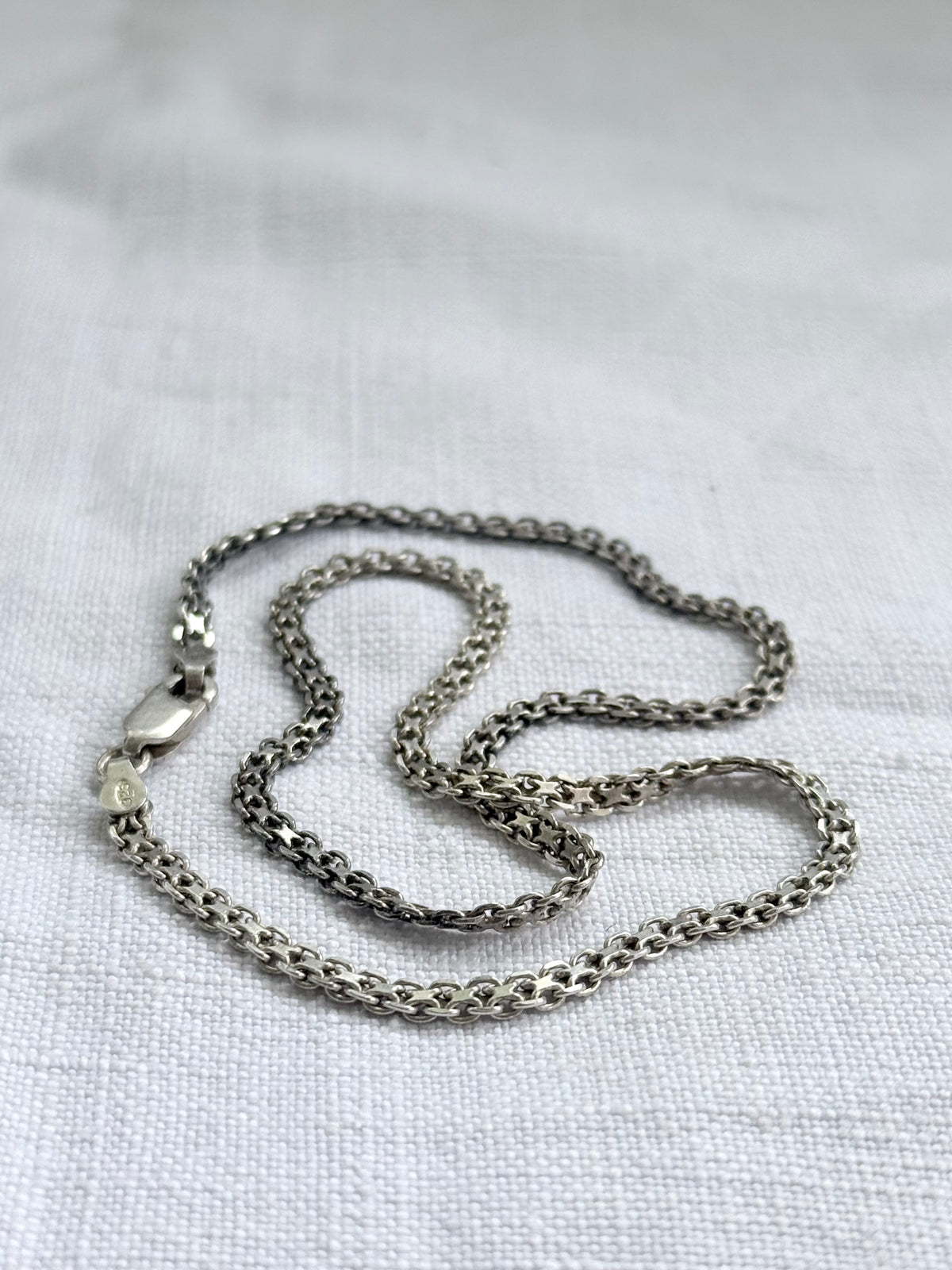 .1960s .1970s .925 modernist geometric form fancy form star form flat link track link segment link solid silver fancy chain necklace