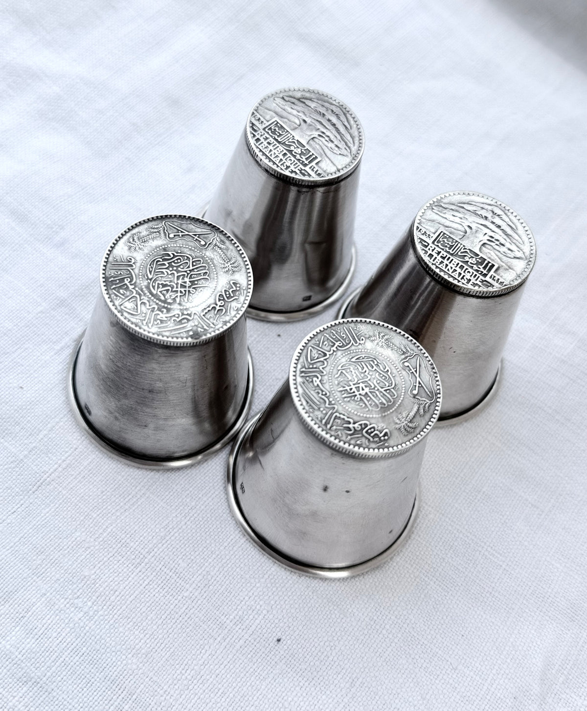 .1933 .1950s 4x .900 coin silver rare artisan made Middle Eastern Ottoman silver tumblers shot glasses