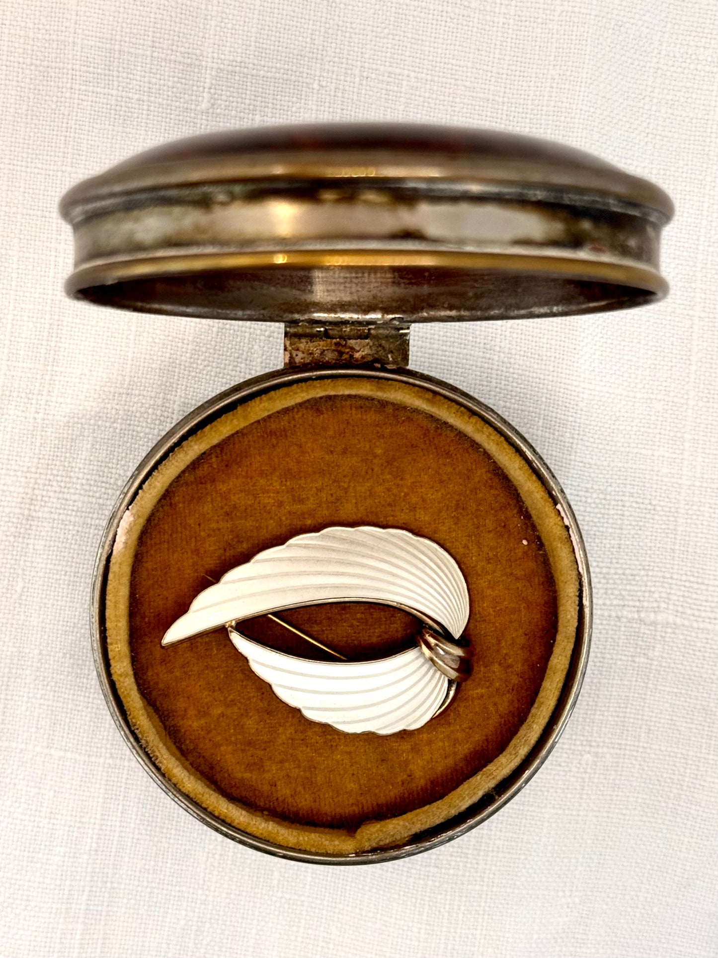 .1940s .925 Albert Scharning Norway silver and ice white guilloche enamel Viking leaf Scandinavian mid century modern designer brooch pin