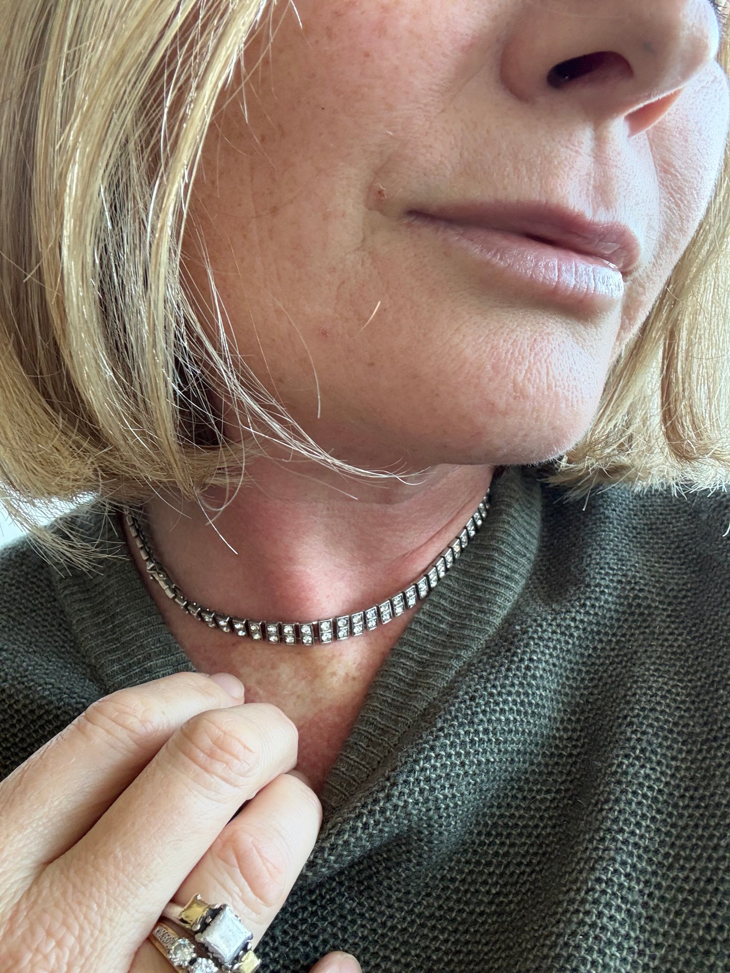 .1930s .1940s .925 Art Deco style double paste stone tennis style sterling silver choker necklace