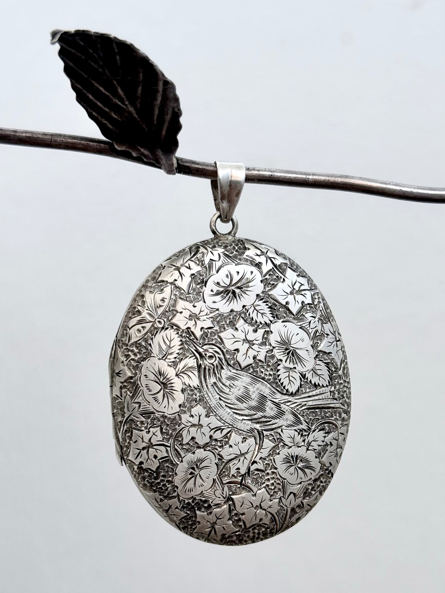 .1880s .1890s .925 large Victorian Aesthetic deep engraved Swallow and floral detailed antique French sterling silver locket