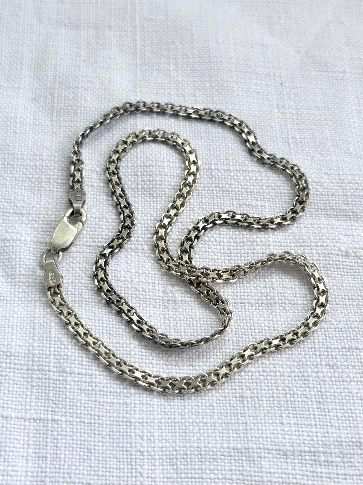 .1960s .1970s .925 modernist geometric form fancy form star form flat link track link segment link solid silver fancy chain necklace