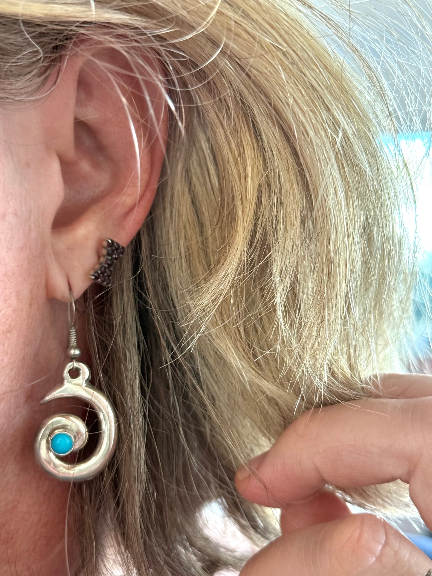 .1970s .925 artisan made Navajo silversmith turquoise silver swirl pattern necklace and designer Mildred Parkhurst earring set