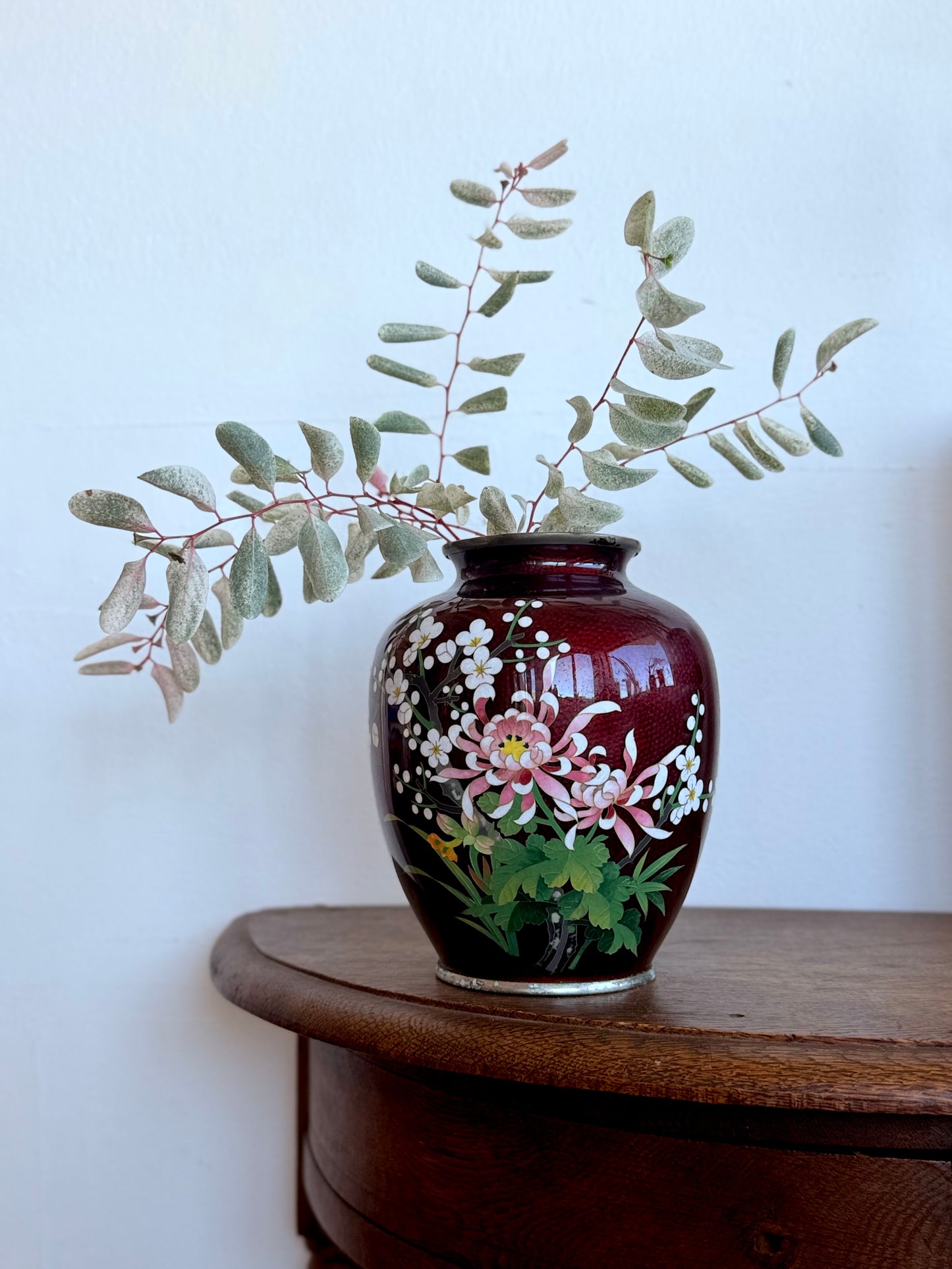 .1900s .1960s authentic Oriental fine Japanese collectors Cloisonne Ginbari floral Pigeon Blood red Akusake Enamel Ginger vase large flower vase