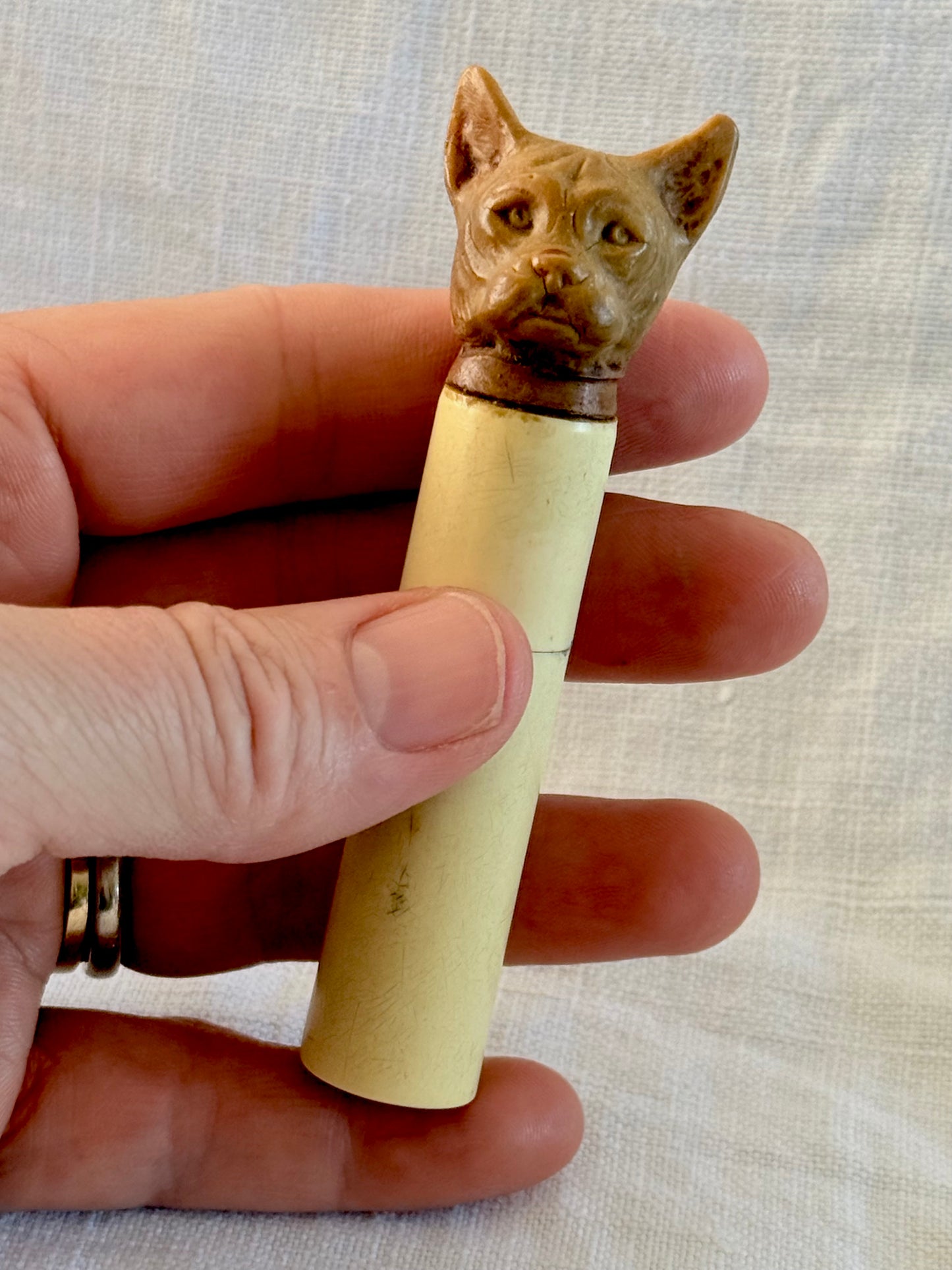 .1920s .1930s Art Deco rare hand carved French Bull Dog bakelite novelty perfume holder figural dog figurine case