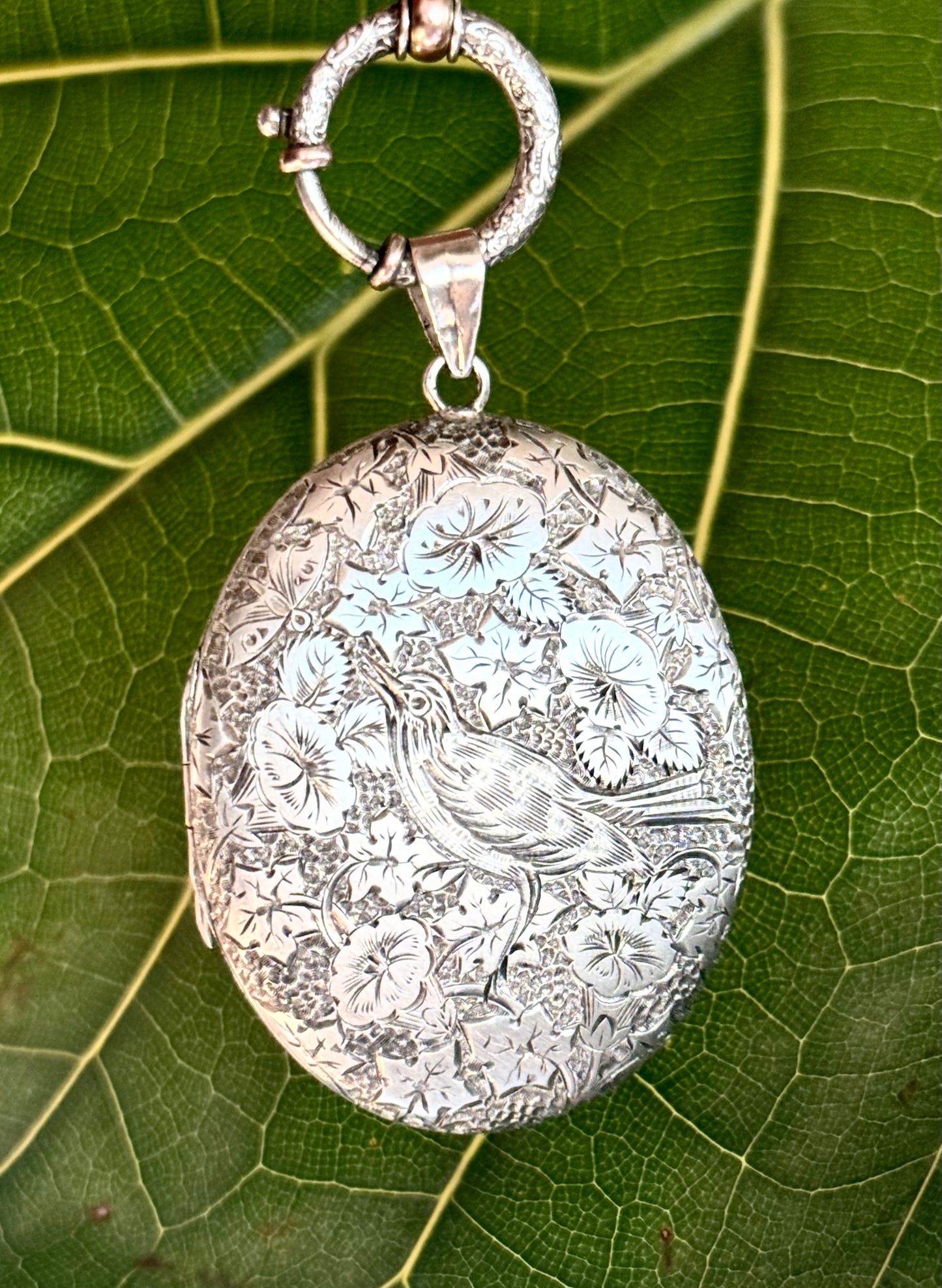 .1880s .1890s .925 large Victorian Aesthetic deep engraved Swallow and floral detailed antique French sterling silver locket