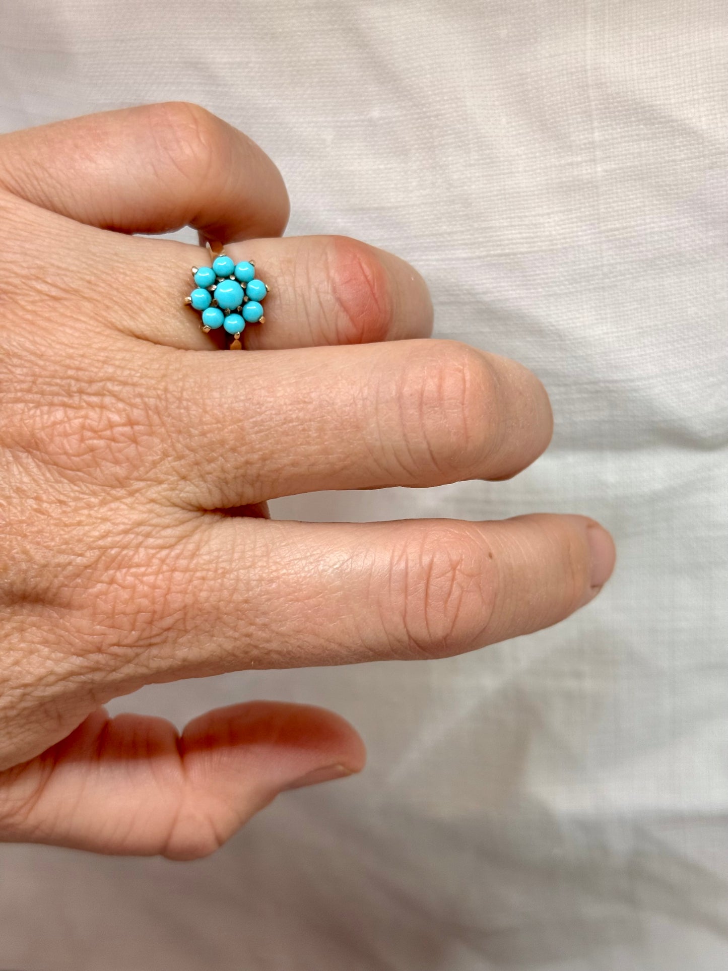 .375 .9ct gold cluster turquoise flower classic precious gemstone gold ring