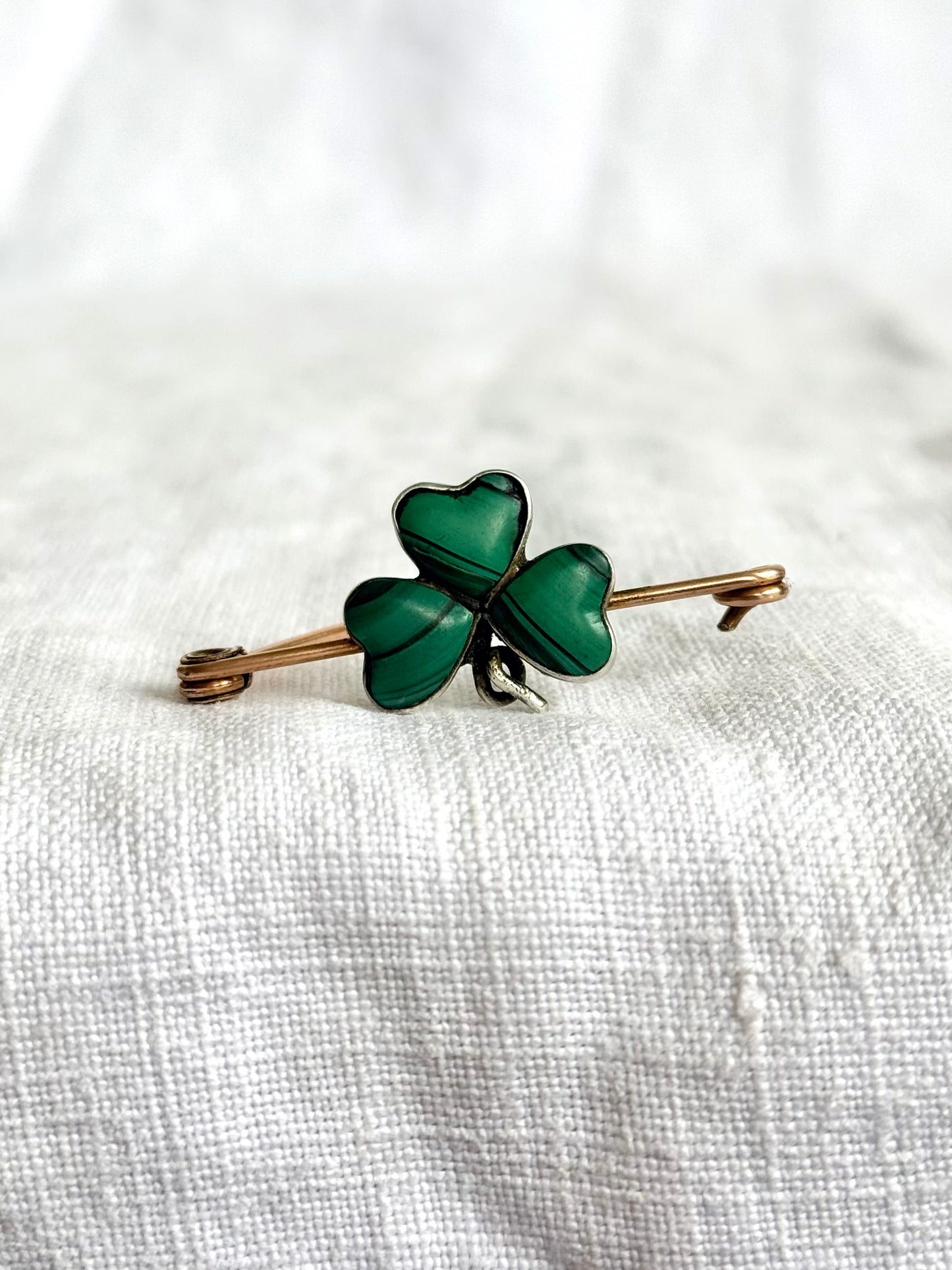 .1900s .1910s Clover Lucky token Malachite green gemstone three leaved faith token sweetheart brooch