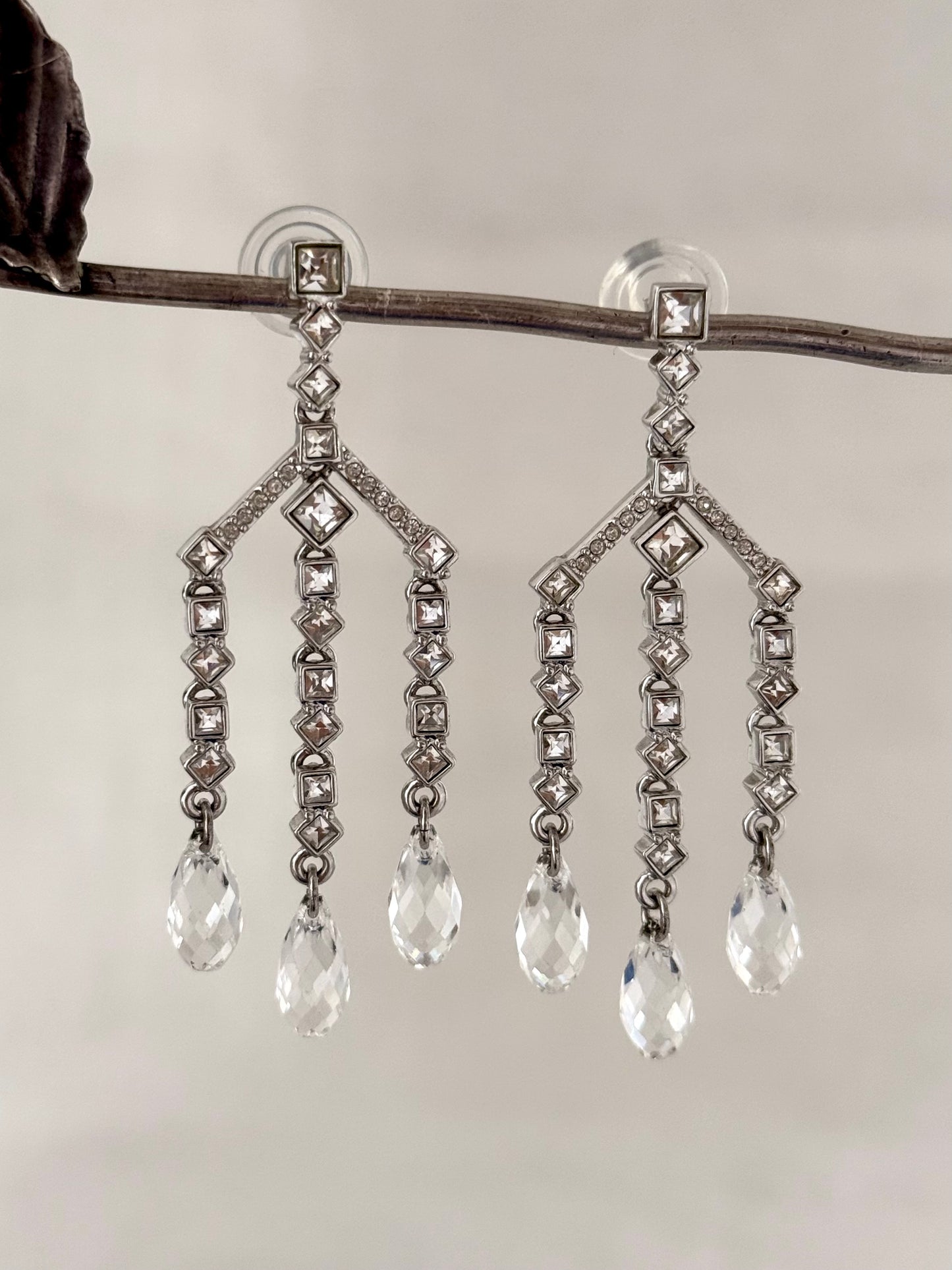.1900s Art Deco Edwardian revival Swarovski designer crystal and rhinestone diamanté chandelier drop dangle earrings