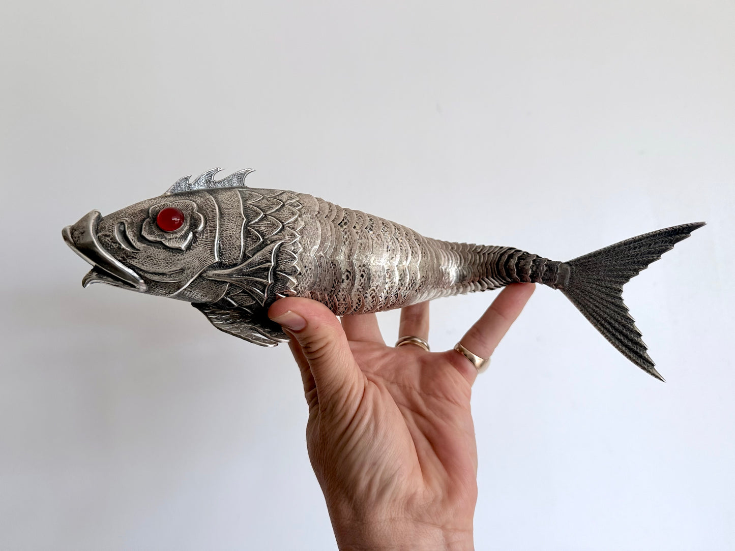 .1940s .915 articulated life sized hand made solid Spanish silver Large and magnificent artisan made Carb Fish rare treasured silver figural art statue